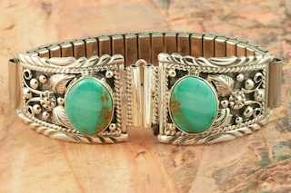 Genuine Turquoise set in Sterling Silver Watch Tips. Mens Watch Tips with expandable band. Created by Navajo Artist Harry Spencer. Signed by the Artist.
